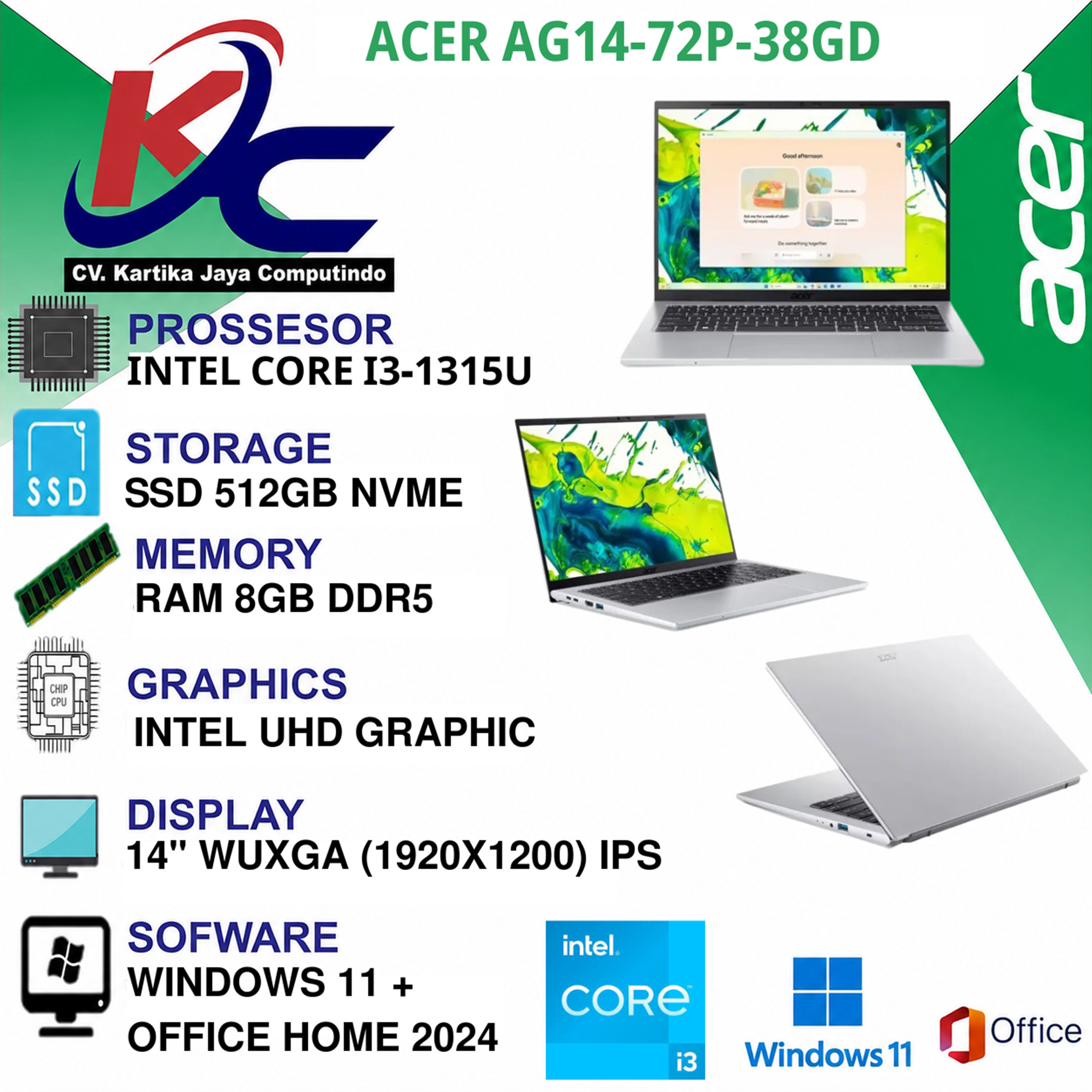 ACER AG14-72P-38GD  I3-1315U/ 8GB/ SSD512/ IPS/ W11 OHS+M365 SILVER